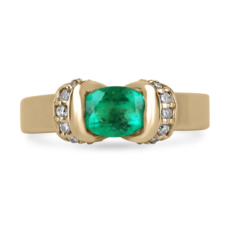 1.27tcw 14K Gold Oval Cut Medium Rich Dark Green Emerald & Diamond Buckle Accent Statement Ring for Women | Elegant Jewelry Gift for Anniversary, Birthday & Special Occasions | Perfect for Evening Parties, Weddings & Date Nights