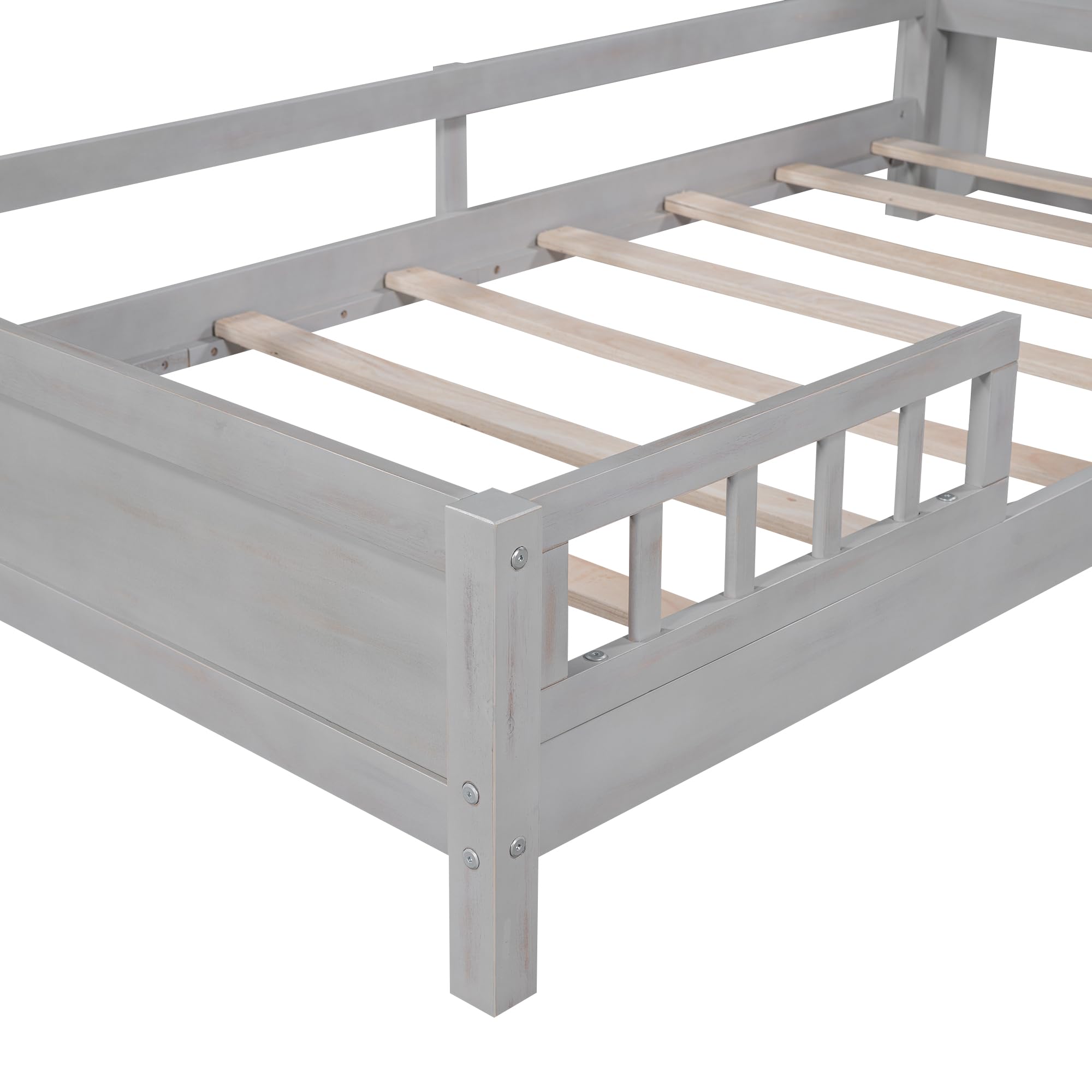 Bellemave Solid Wood Twin Bed Frame for Kids with Headboard, Footboard, Built-in LED Lights & Storage | Sturdy Gray Wooden Bed with Safety Guardrail | Perfect for Bedrooms, Daycare & Sleepovers