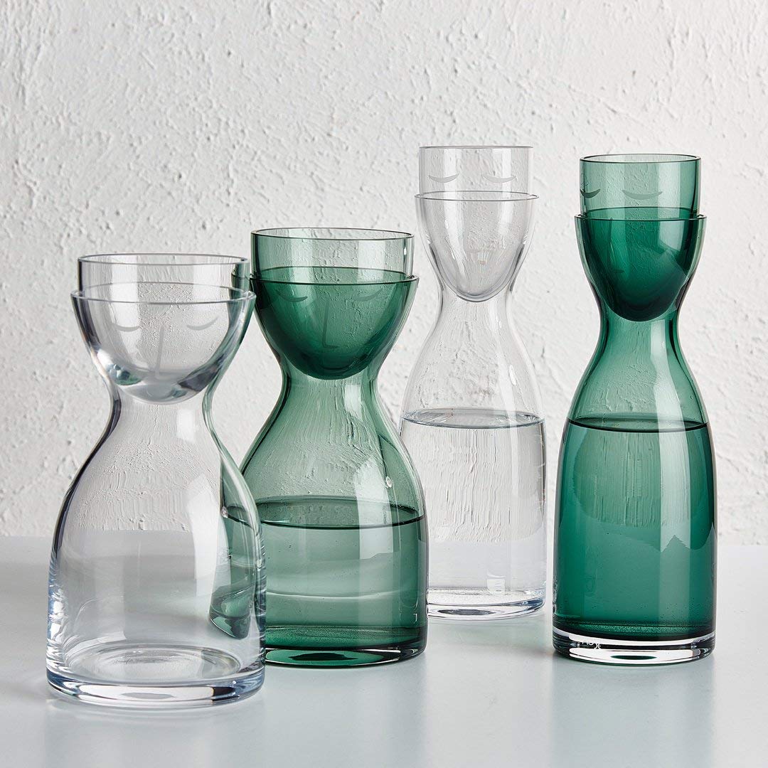 NUDE Glass Mr. & Mrs. Night Set - 850ml Clear Water Carafe with Glasses - Elegant Drinking Set for Bedroom, Romantic Dinner, or Gift Giving