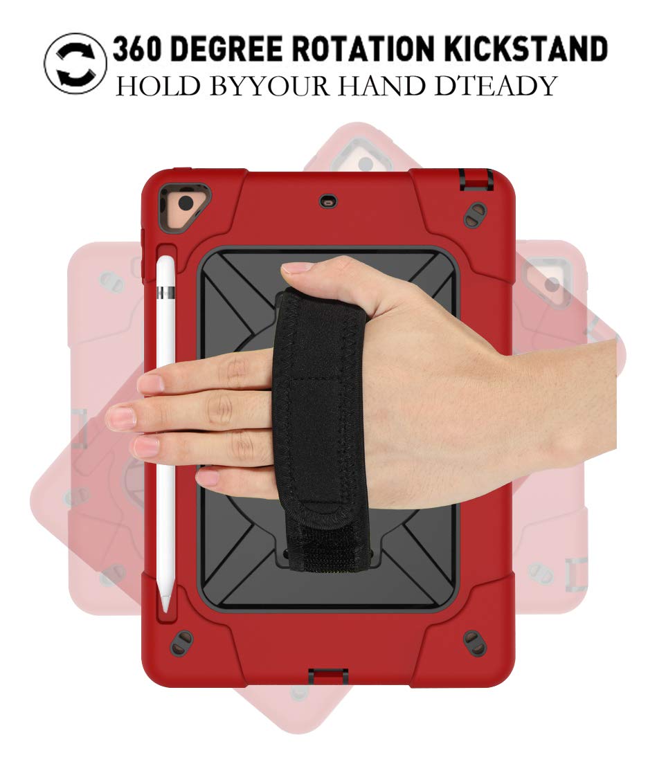 360° Rotating Shockproof iPad Case with Handle Stand & Pencil Holder - Compatible with iPad Air 2, iPad Pro 9.7 (2016), iPad 6th/5th Gen & New iPad 9.7 (2017/2018) - Red & Black - Perfect for Work, Travel & School Use
