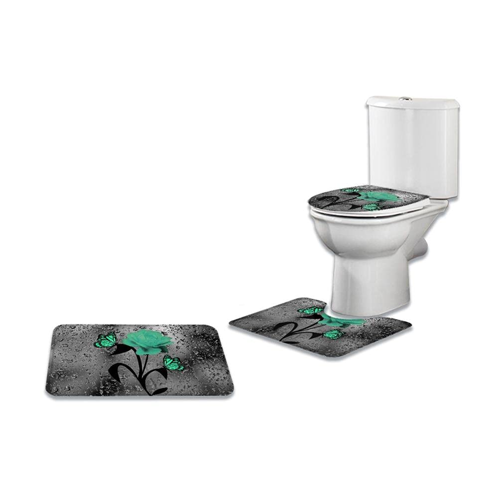 3-Piece Non-Slip Bath Mat Set - Black Floral with Green Rose & Butterfly Design, Waterproof & Washable Bathroom Rugs for Shower, Tub, and Vanity Areas - Soft & Absorbent Floor Mats for Home Decor