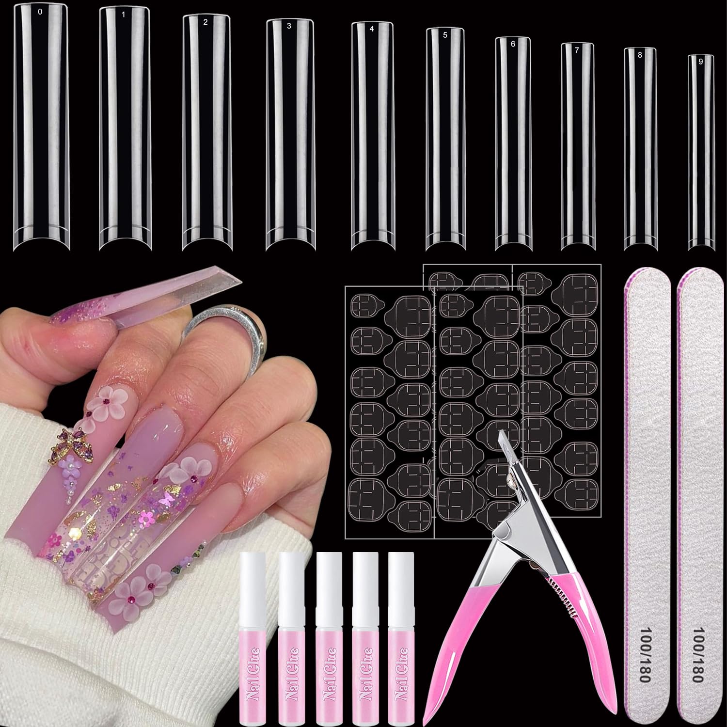 500 Pcs Clear Square Acrylic Nail Tips for Professional Nail Art - Long False Nails with Glue & Adhesive Tabs - Complete DIY Nail Kit with Nail Clipper & Files - Perfect for Salon, Home Manicure & Party Nail Designs