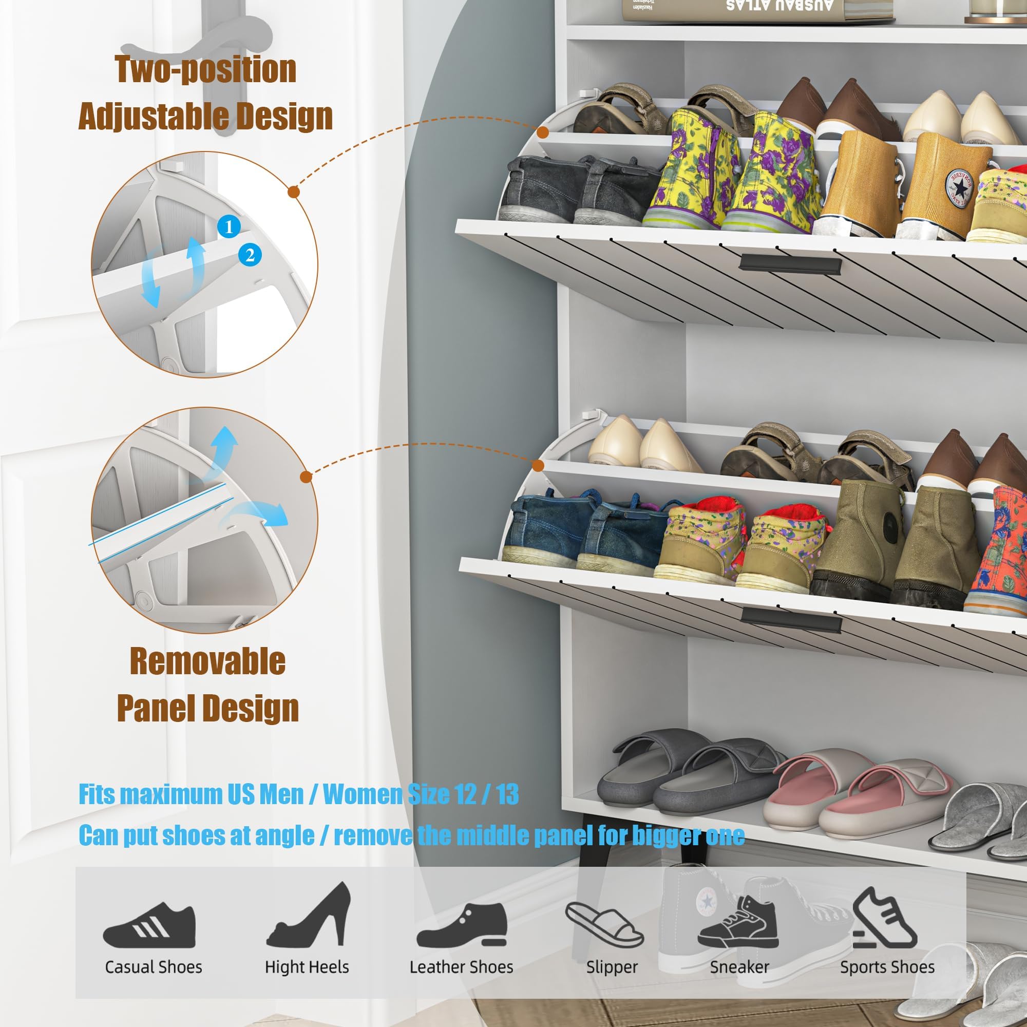 2-Tier Flip-Drawer Shoe Cabinet with 4 Open Shelves - Freestanding Narrow Shoe Organizer Rack for Entryway & Hallway - Perfect for Small Spaces, Apartment Living & Closet Storage