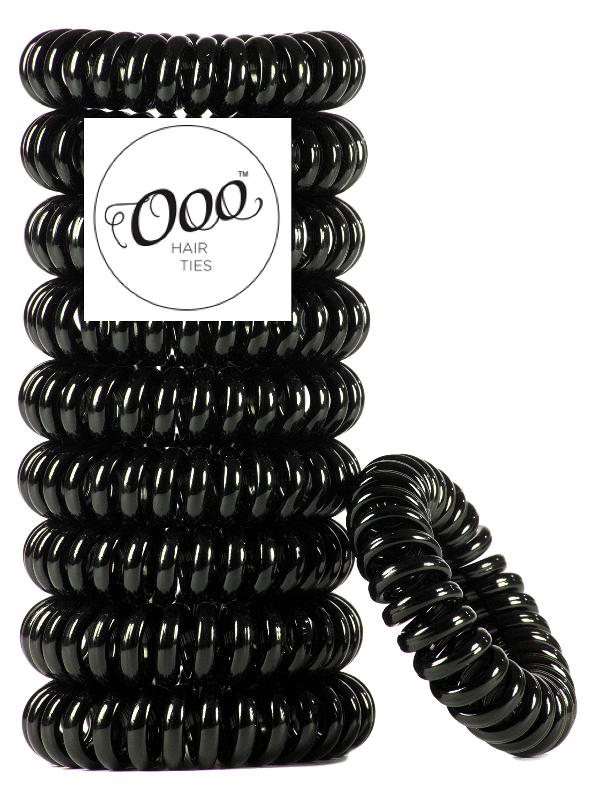 10 Pack Painless PATENTED OOO Hair Ties - Spiral Coil Traceless Rubber Bands for Ponytails - Best Hair Accessories for Women, Girls & All Hair Types - Large Size Black - Perfect for Workouts, Office & Daily Use