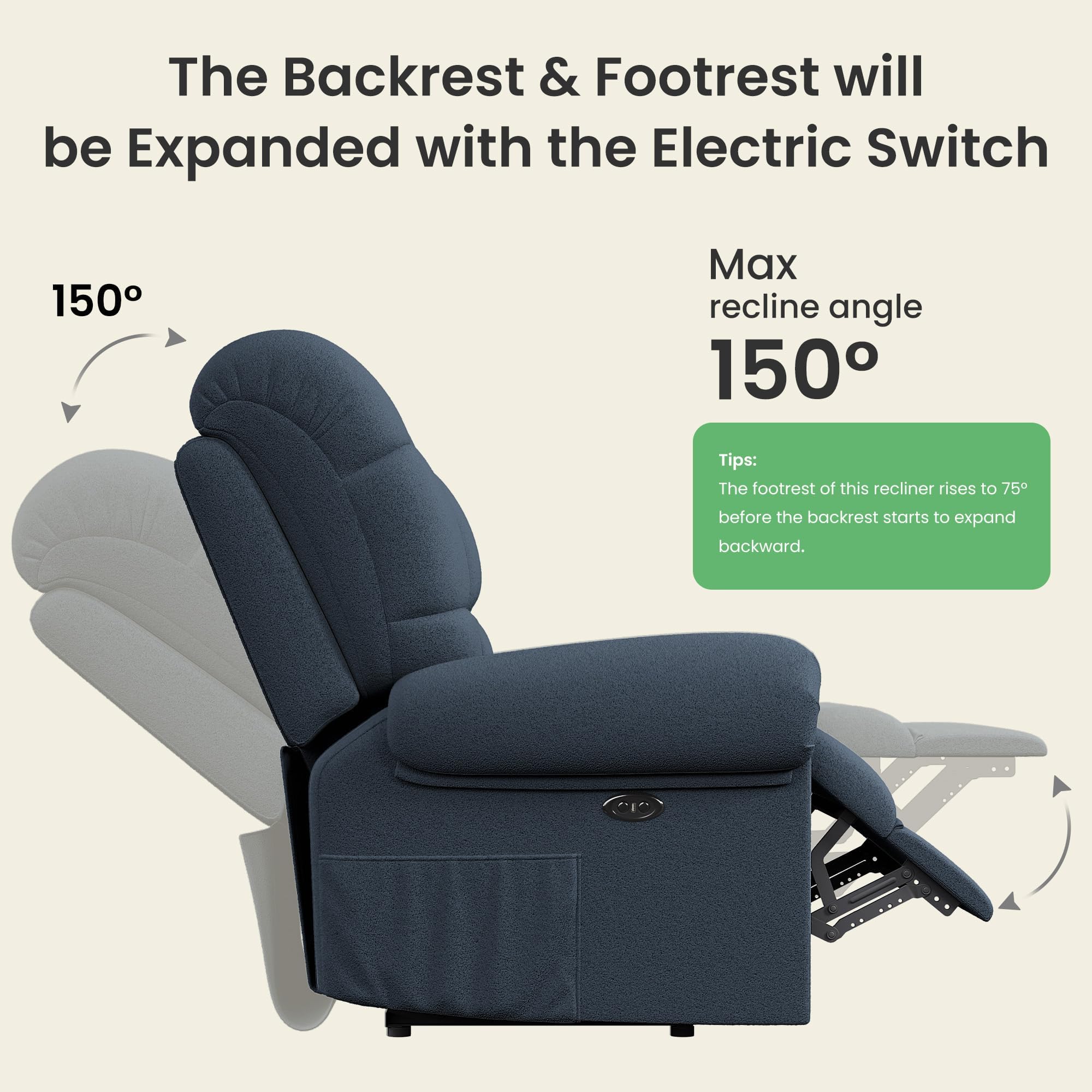 Electric Power Recliner Chair for Adults - Adjustable Reclining Sofa with USB Charging Port | Ultra Soft Teddy Fleece Fabric | Easy Tool-Free Assembly | Blue Gray Living Room Recliner for Relaxing, Watching TV & Napping