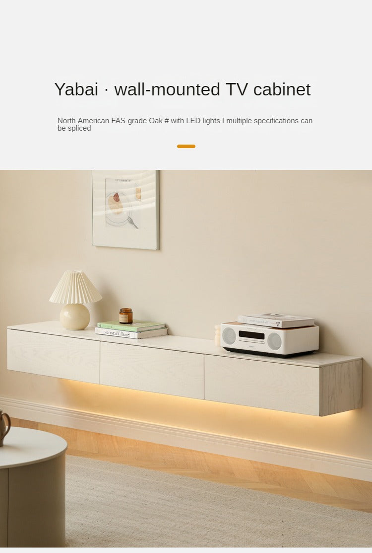 White Cream Oak Solid Wood Floating TV Stand - Modern Suspension TV Cabinet for Living Room, Bedroom & Home Theater Setup