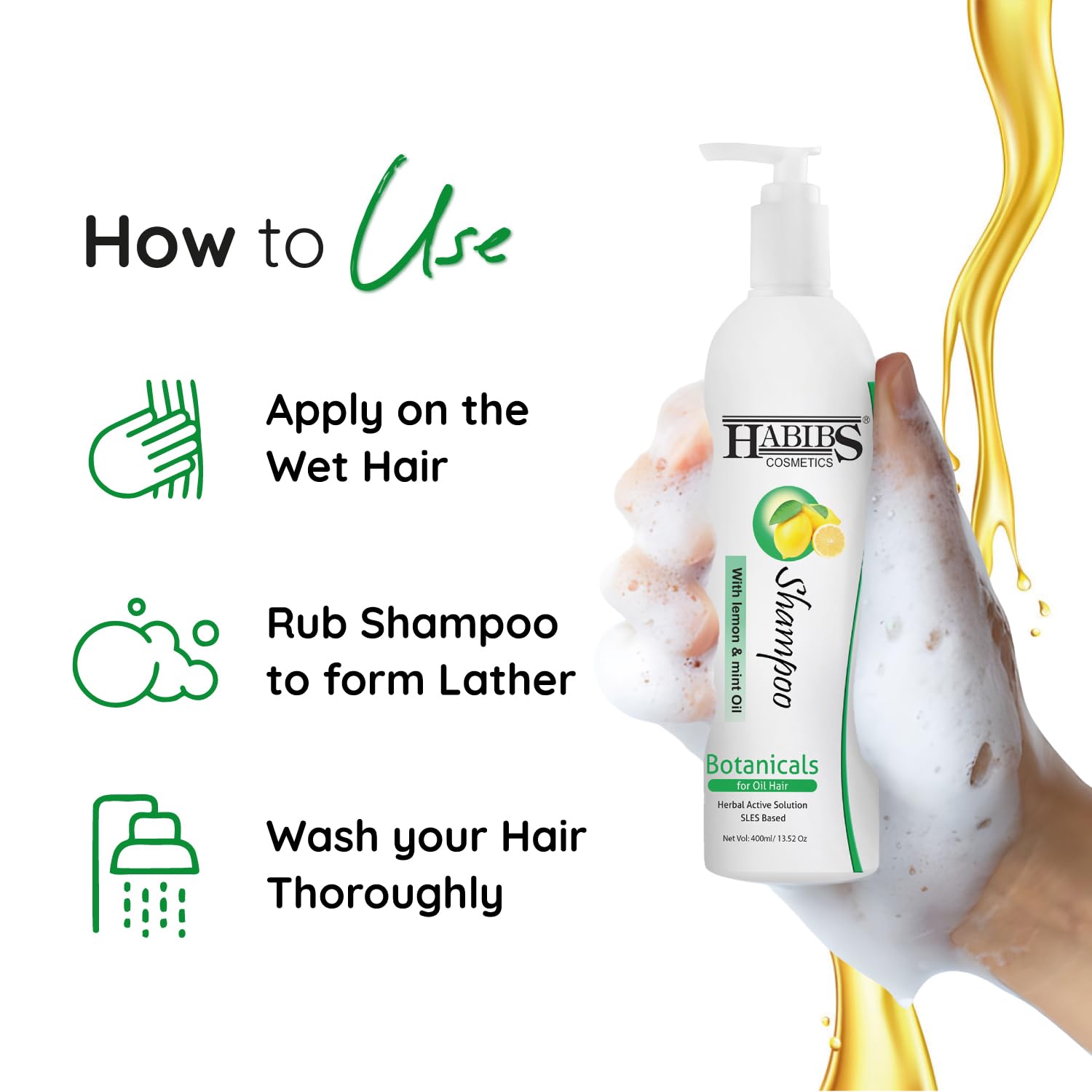 HABIBS COSMETICS Professional Oil Control Shampoo for Oily Hair & Scalp - Anti Dandruff Treatment with Natural Lemon & Mint Oil - Clears Excess Oil, Dandruff & Dry Flakes - Sulfate & Paraben Free 400ml - Perfect for Daily Hair Care & Scalp Refreshment