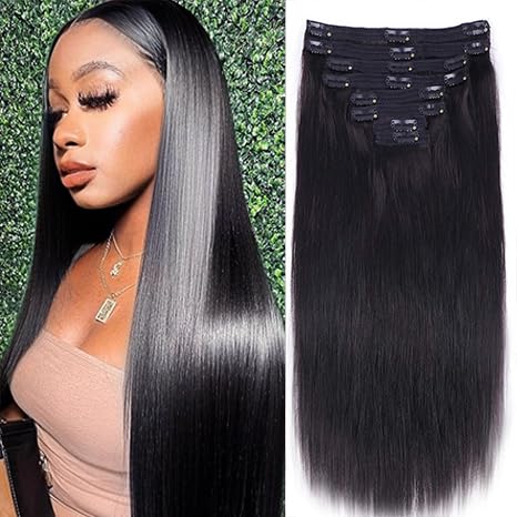 100% Unprocessed Brazilian Virgin Human Hair Clip-in Extensions for Black Women - 8-Piece Set with 18 Clips, 120g, 24 Inch Straight Natural Black Hair | Perfect for Daily Styling, Special Occasions & Volume Boosting