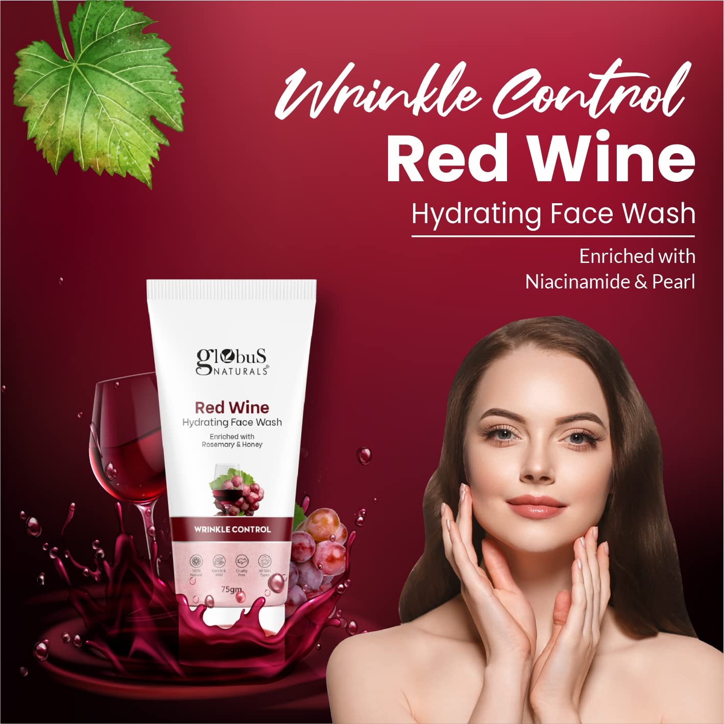 Globus Naturals Face Wash Combo Set of 2 - Skin Brightening Mulberry & Anti-Wrinkle Red Wine Facial Cleanser (75g Each) for Glowing, Youthful Skin | Daily Skincare Routine, Morning & Night Use