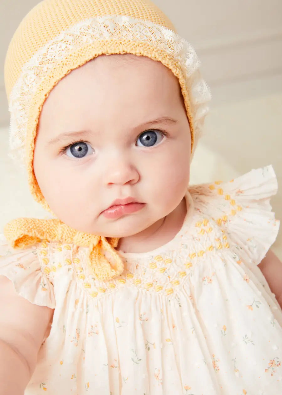 Esme Floral Hand Smocked Sleeveless Baby Dress with Bloomers - White (1-12 Months) | Perfect for Photoshoots, Special Occasions & Everyday Wear