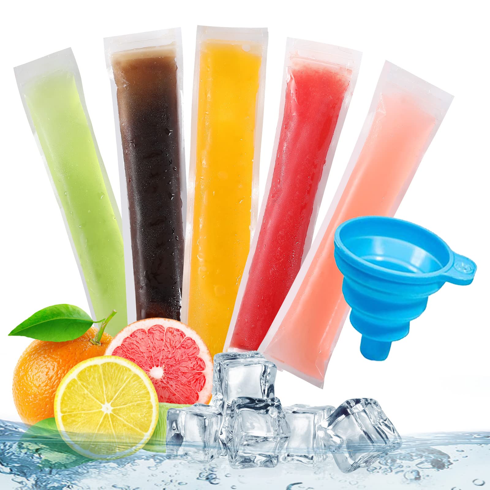 50 Pack DIY Disposable Ice Pop Bags - Reusable Popsicle Molds with Silicone Funnels for Homemade Ice Lollies, Freezer Snacks & Frozen Treats - Perfect for Summer Parties, Kids Snacks & Healthy Desserts