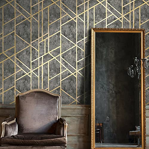 Contemporary Luxury Geometric Wallpaper - Modern Gray & Gold Metallic 3D Textured Vinyl Roll - Faux Plaster Finish for Living Room, Bedroom & Office Decor