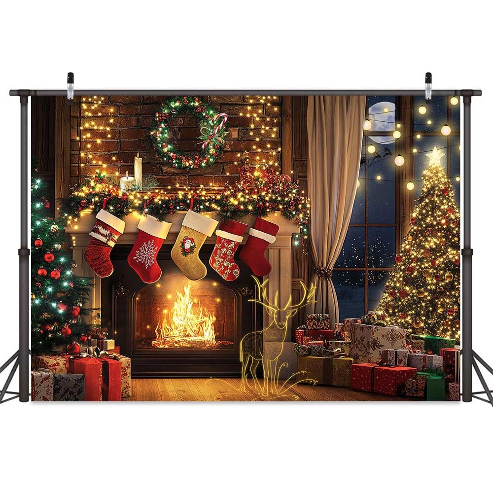10x8ft Christmas Fireplace Backdrop with Deer, Winter Snow Scene - Xmas Tree, Stockings & Holiday Decor for Photography, Party Photo Booth, Kids Birthday, New Year Celebrations and Festive Home Decor