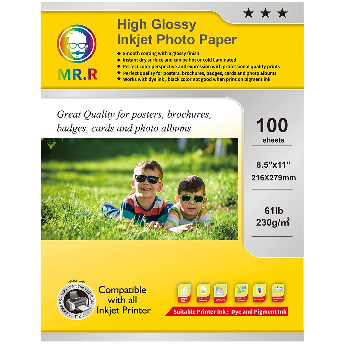 MR.R High Glossy Inkjet Photo Paper - 8.5x11 Letter Size, 100 Sheets (64lb/240gsm) - Perfect for Professional Photos, Art Prints & Scrapbooking