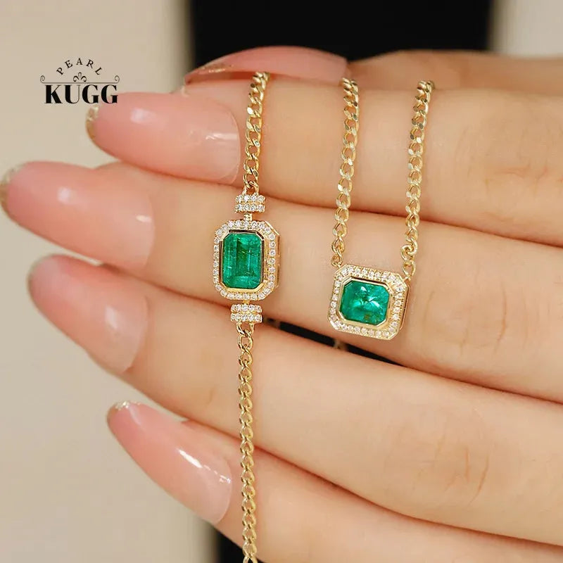 18K Yellow Gold Bracelet & Necklace Set with Real Diamonds and Natural Emerald - Classic Design for Women, Perfect for Engagement, Anniversary, and Special Occasions