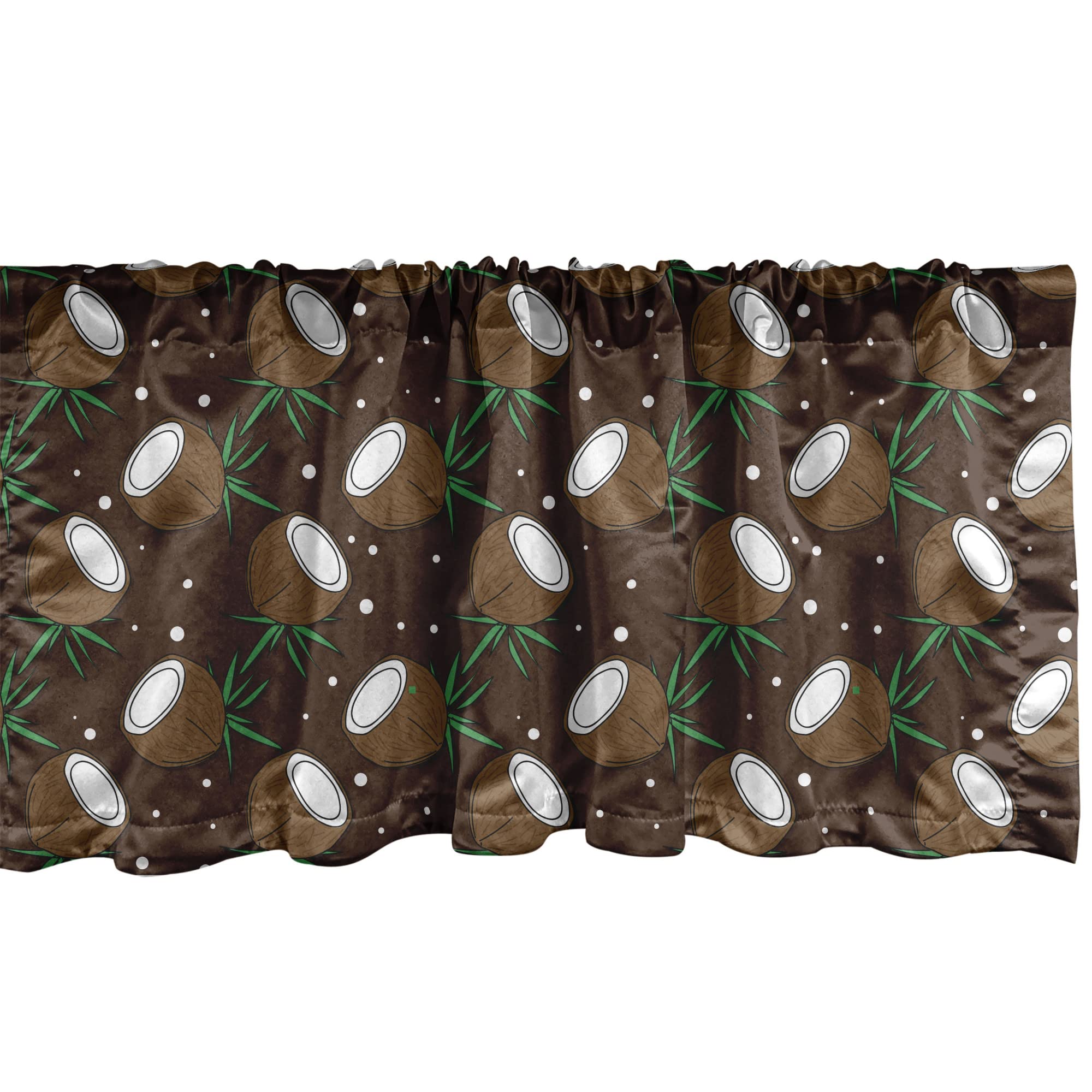 Ambesonne Chocolate Brown Window Valance Set of 2 - Tropical Coconut & Dot Pattern Rod Pocket Curtains for Kitchen & Bedroom - 54