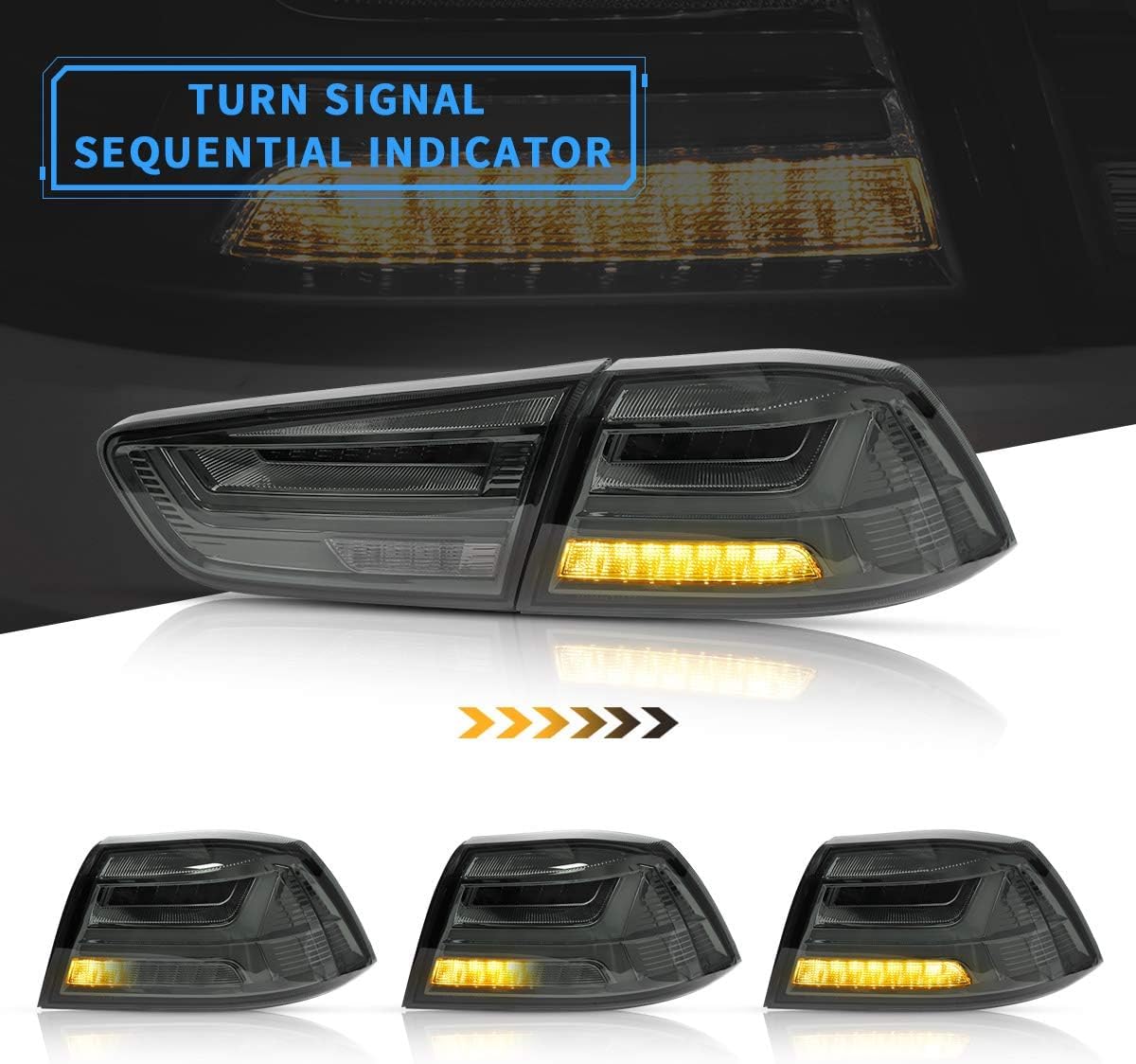 VLAND LED Tail Lights for Mitsubishi Lancer & EVO X 2008-2020 - Smoke/Tinted Full LED Rear Lamp Assembly with Amber Sequential Turn Signal (Not Compatible with Sportbacks/Fortis/IO) | Upgrade Your Car's Style & Safety for Night Driving
