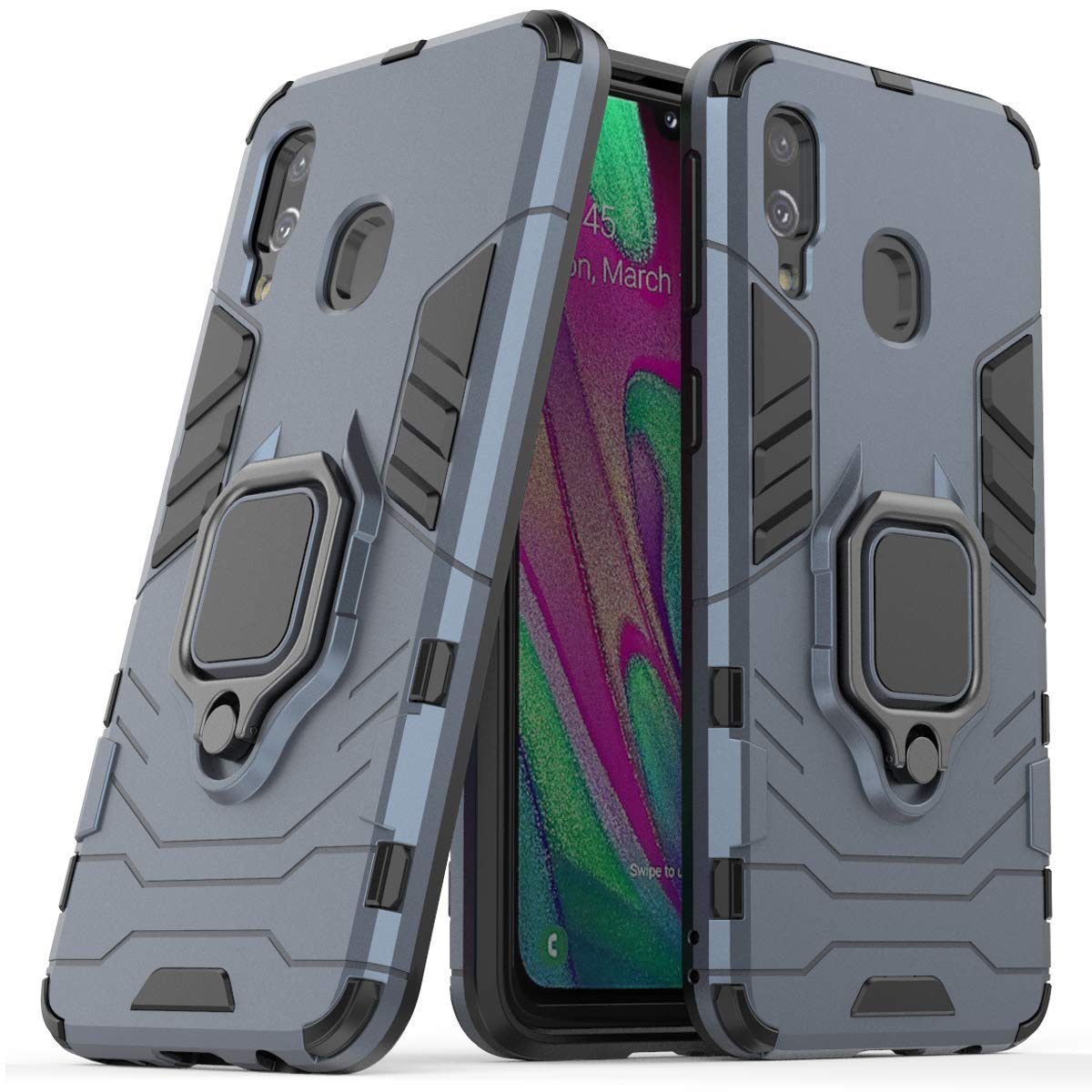 **LuluMain Shockproof Rugged Case for Samsung Galaxy A40 - Dual Layer Hard Bumper with Metal Ring Grip & Kickstand | Compatible with Magnetic Car Mount | Navy Blue | Perfect for Outdoor, Work & Travel**