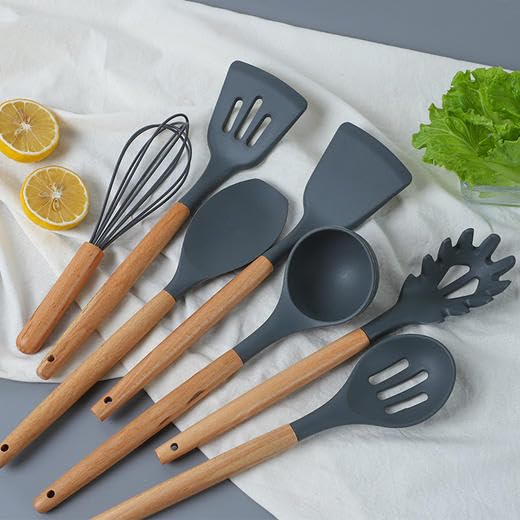 33-Piece Non-Stick Silicone Kitchen Utensil Set with Wooden Handles & Holder - BPA Free, Heat Resistant up to 446°F - Perfect for Cooking, Baking, and Serving - Ideal for Home Chefs & Professional Kitchens
