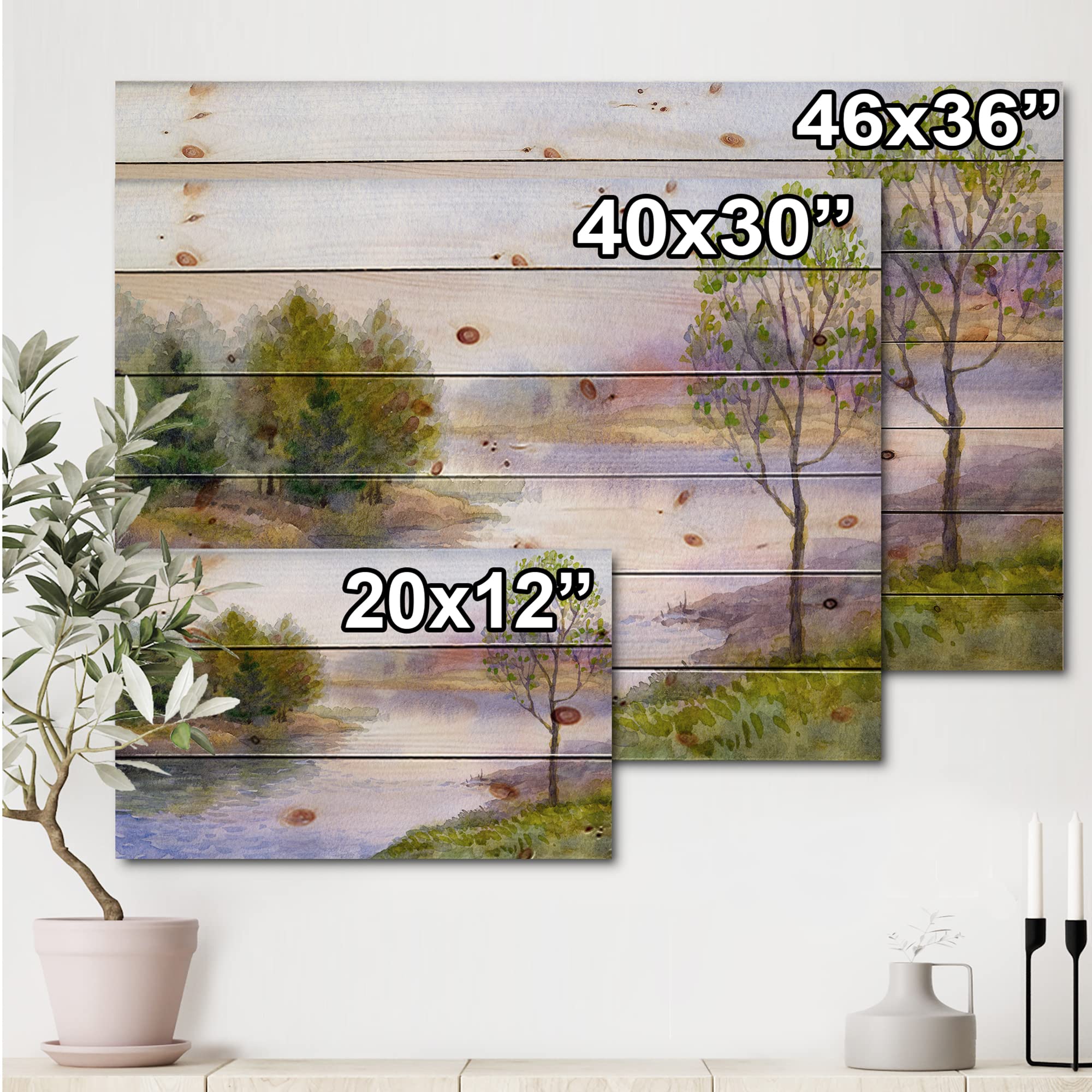 DesignQ Single Tree On The Bank Of River Lake House Wood Wall Decor - Green Wood Wall Art - Large Landscape Wood Panels Printed On Natural Pine - Perfect for Living Room, Bedroom & Office Decoration