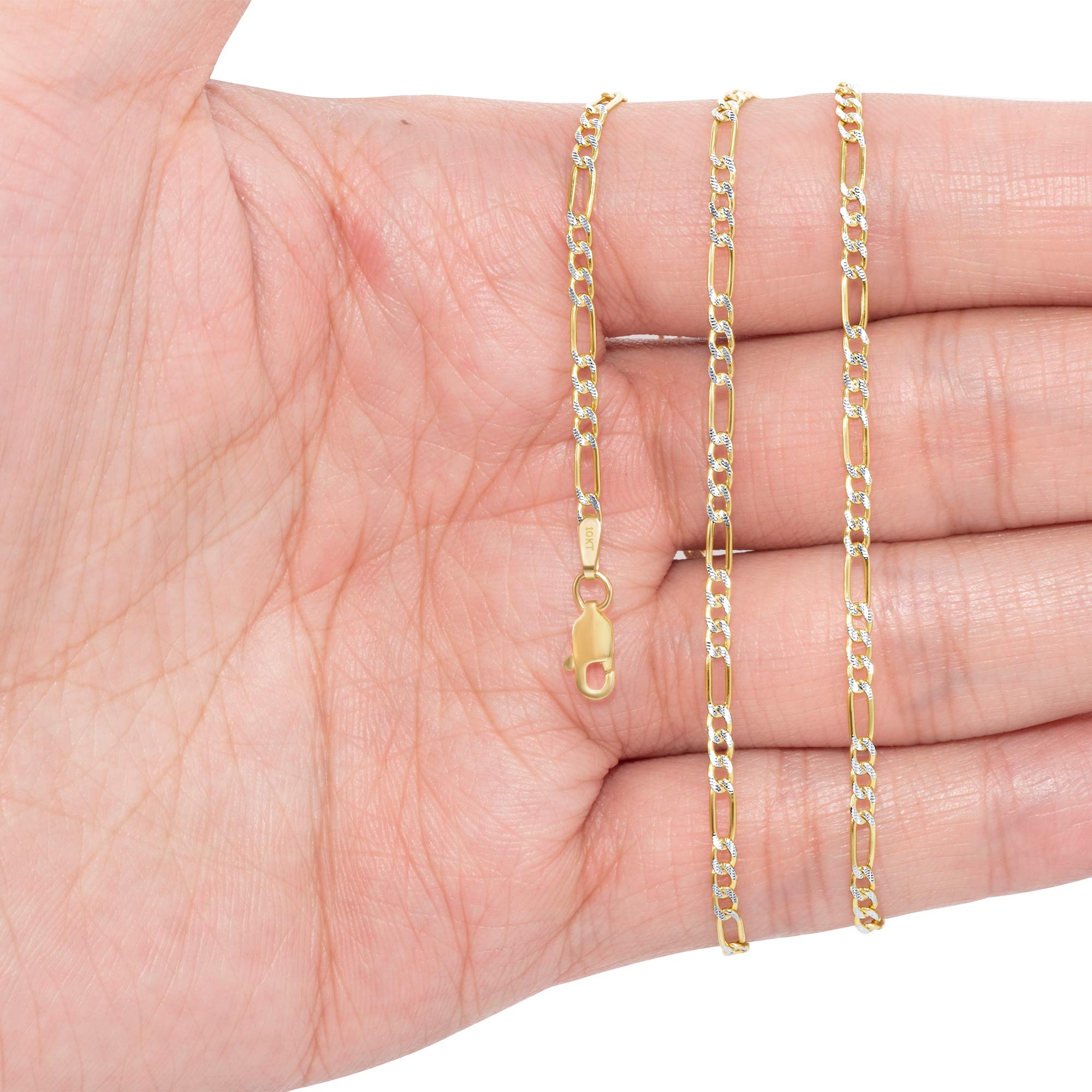 10k Real Yellow Gold Figaro Link Chain Bracelet or Anklet - 2.5mm Diamond Cut Pave Design - Two Tone Italian Jewelry for Men & Women (7