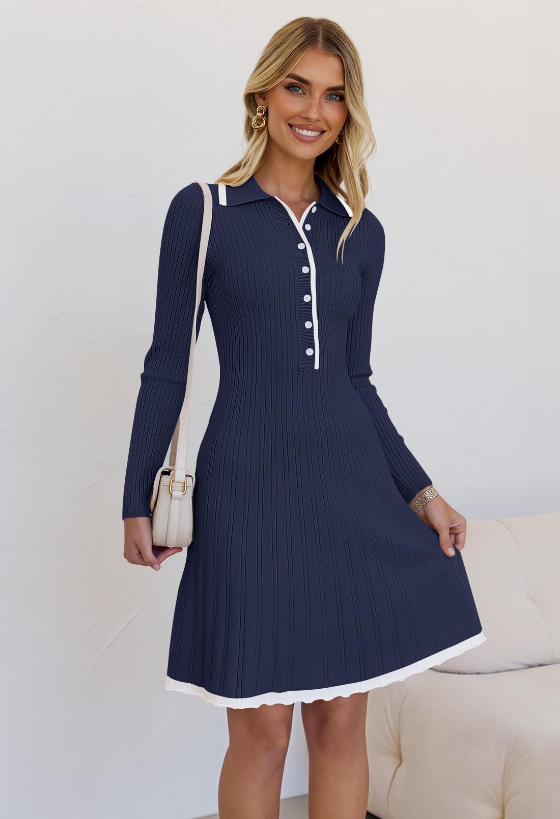MEROKEETY Women's Long Sleeve V Neck Sweater Dress - 2025 Spring Button Down Knit Pleated Mini Dress for Work, Office, Date Night & Casual Outings