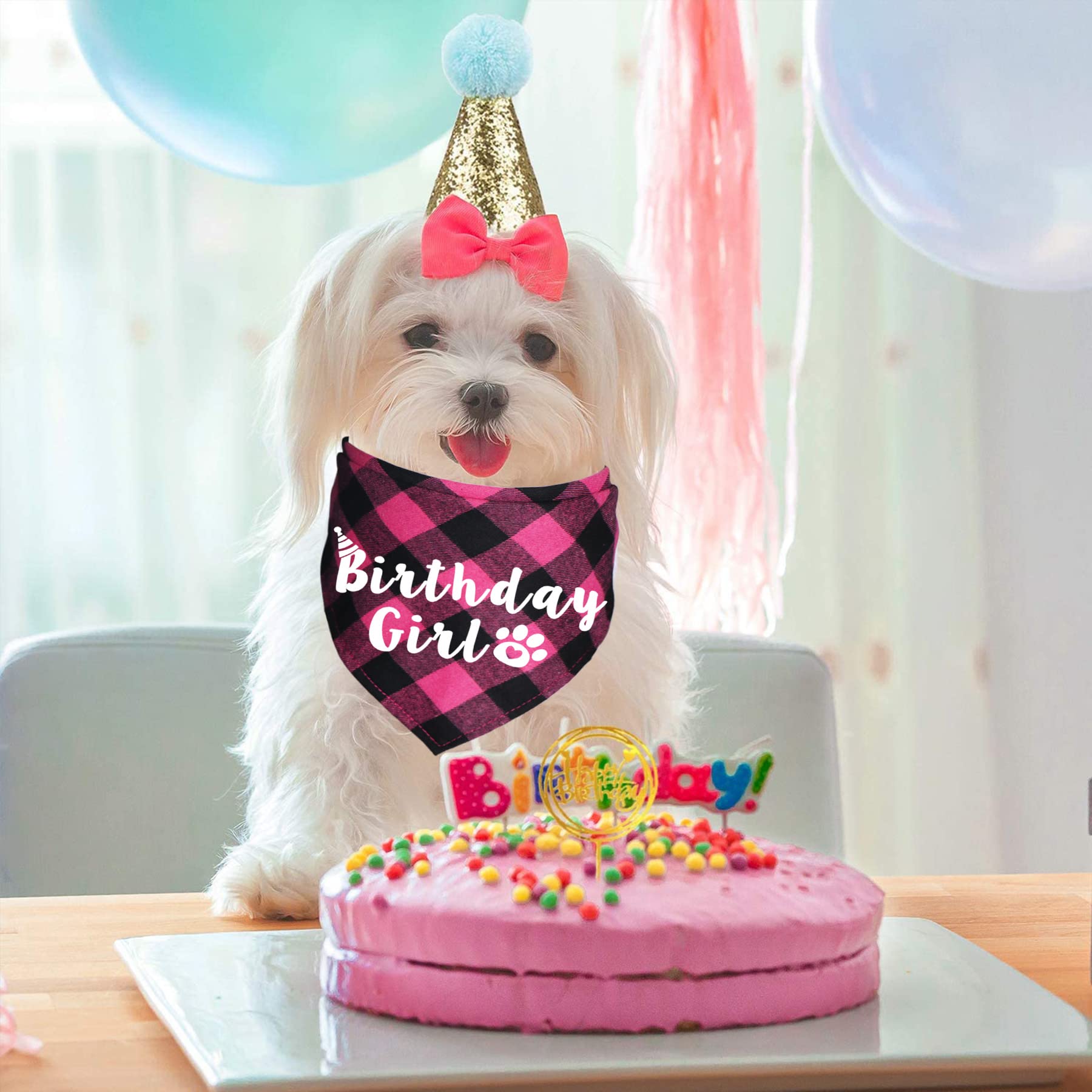 JOTFA Plaid Dog Birthday Bandana - Pink Pet Bandana for Birthday Party, Photo Shoot & Special Occasions | Dog Birthday Party Supplies & Accessories
