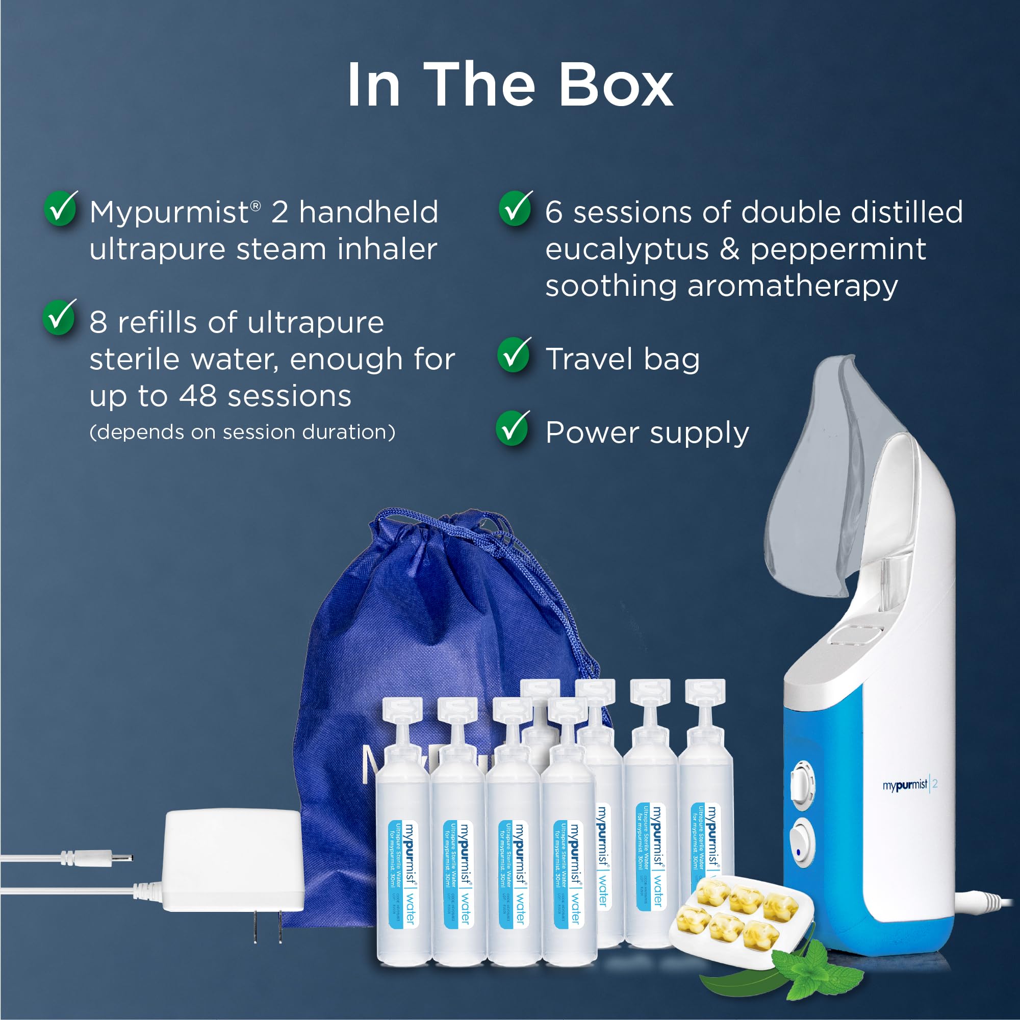Mypurmist Ultrapure Plug-in Steam Inhaler - Handheld Vaporizer & Humidifier for Sinus Relief, Nasal Congestion, Cold & Cough - Vocal Care Device for Singers (Base Kit) - Perfect for Home Therapy, Travel & Professional Use