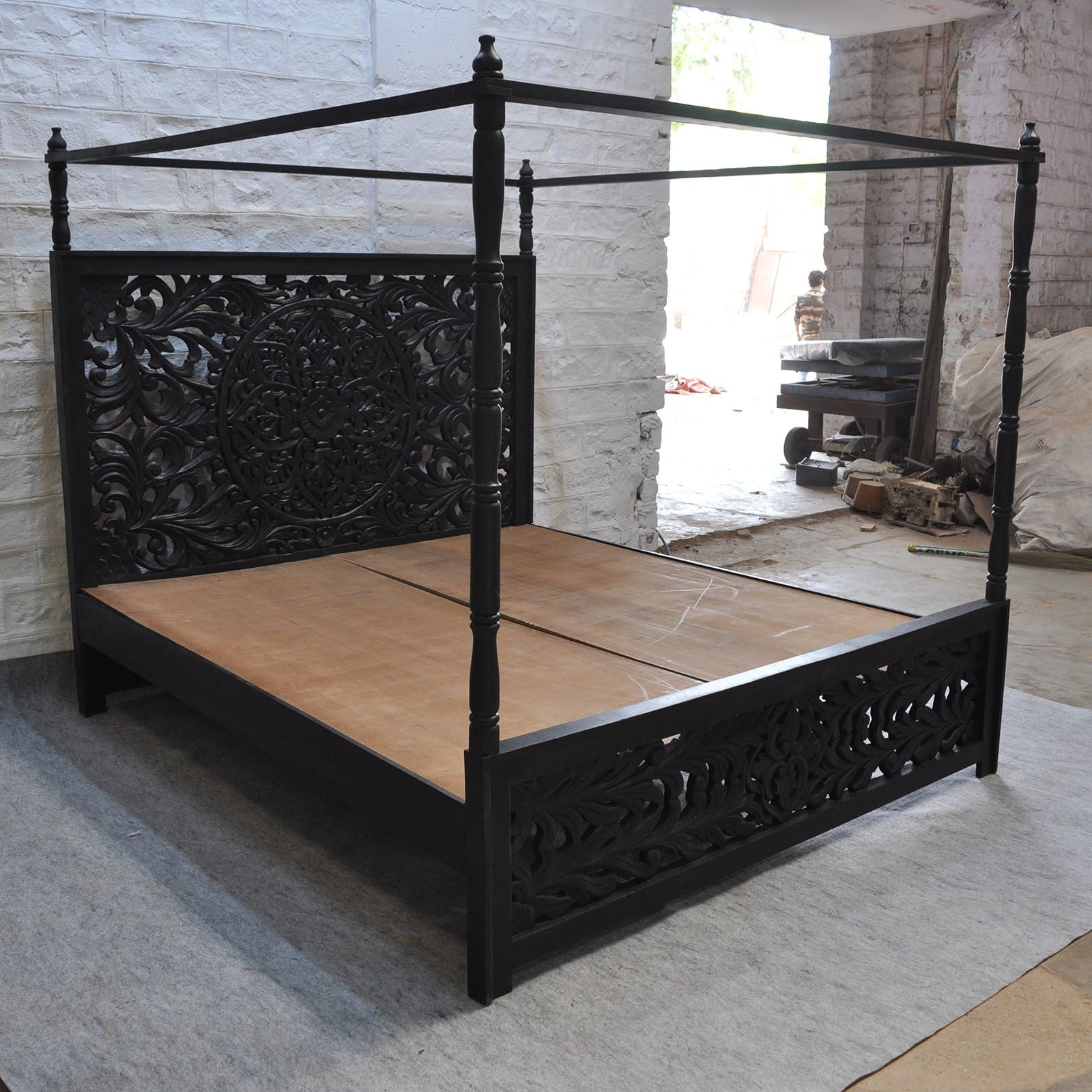 Hand Carved 4 Poster Panel Bed King Size in Matt Black - Elegant Dynasty Style Bedroom Furniture for Master Suite or Guest Room