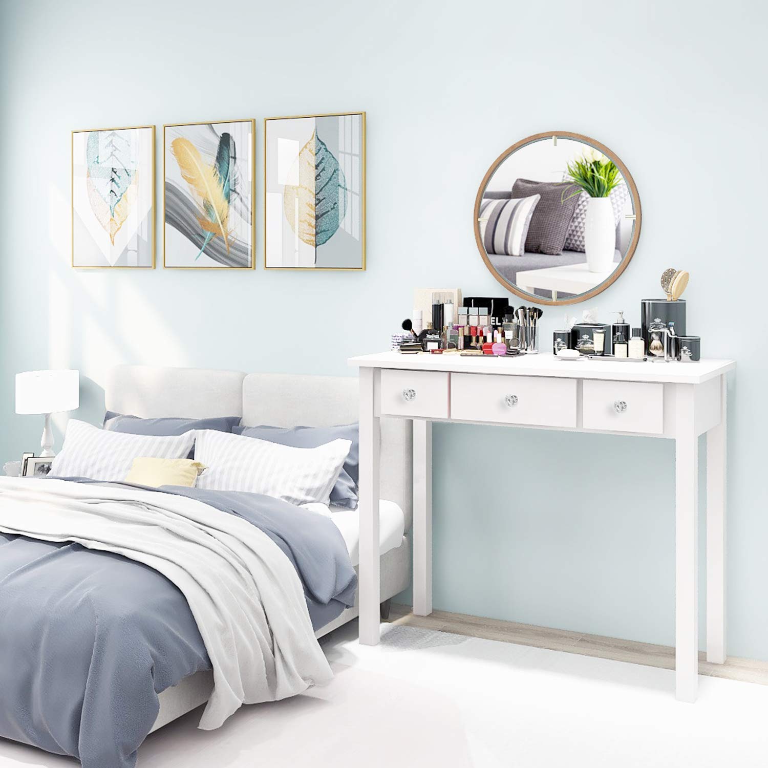 STHOUYN Compact White Writing Desk with Drawers - Space-Saving Home Office Desk, Study Table for Adults & Students, Vanity Makeup Dressing Table - Perfect for Small Bedrooms, Apartments & Dorm Rooms (White)