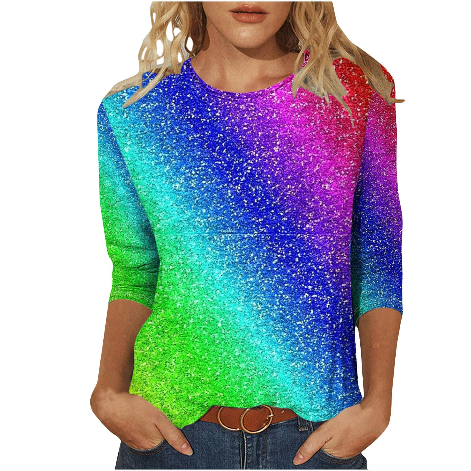 Wodceeke Women's 3/4 Sleeve Rainbow Print T-Shirt - Loose Casual Summer Top, Fashion Blouse for Ladies | Perfect for Beach Outings, Date Nights & Casual Wear