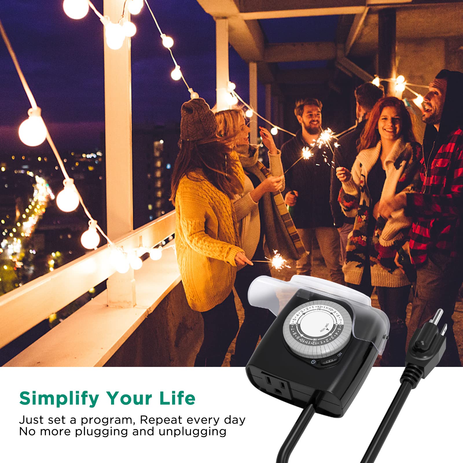 G-Homa Outdoor Mechanical 24 Hour Timer - Waterproof Light Timer with 18 Inch Cord & Protective Cover (15A 3/4HP, CSA Certified) - Perfect for Pool Pumps, Engine Block Heaters, Holiday Lights & Garden Irrigation