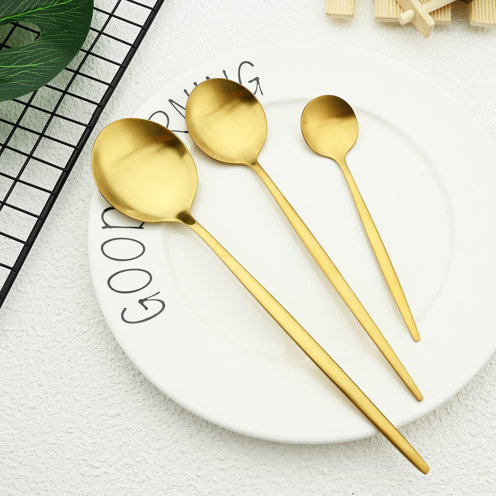 36-Piece Matte Gold Silverware Set - Satin Finish Stainless Steel Flatware Set with Flat Handle, Service for 6 (Includes Coffee Spoon) | Elegant Dining Utensils for Restaurants, Dinner Parties & Home Entertaining