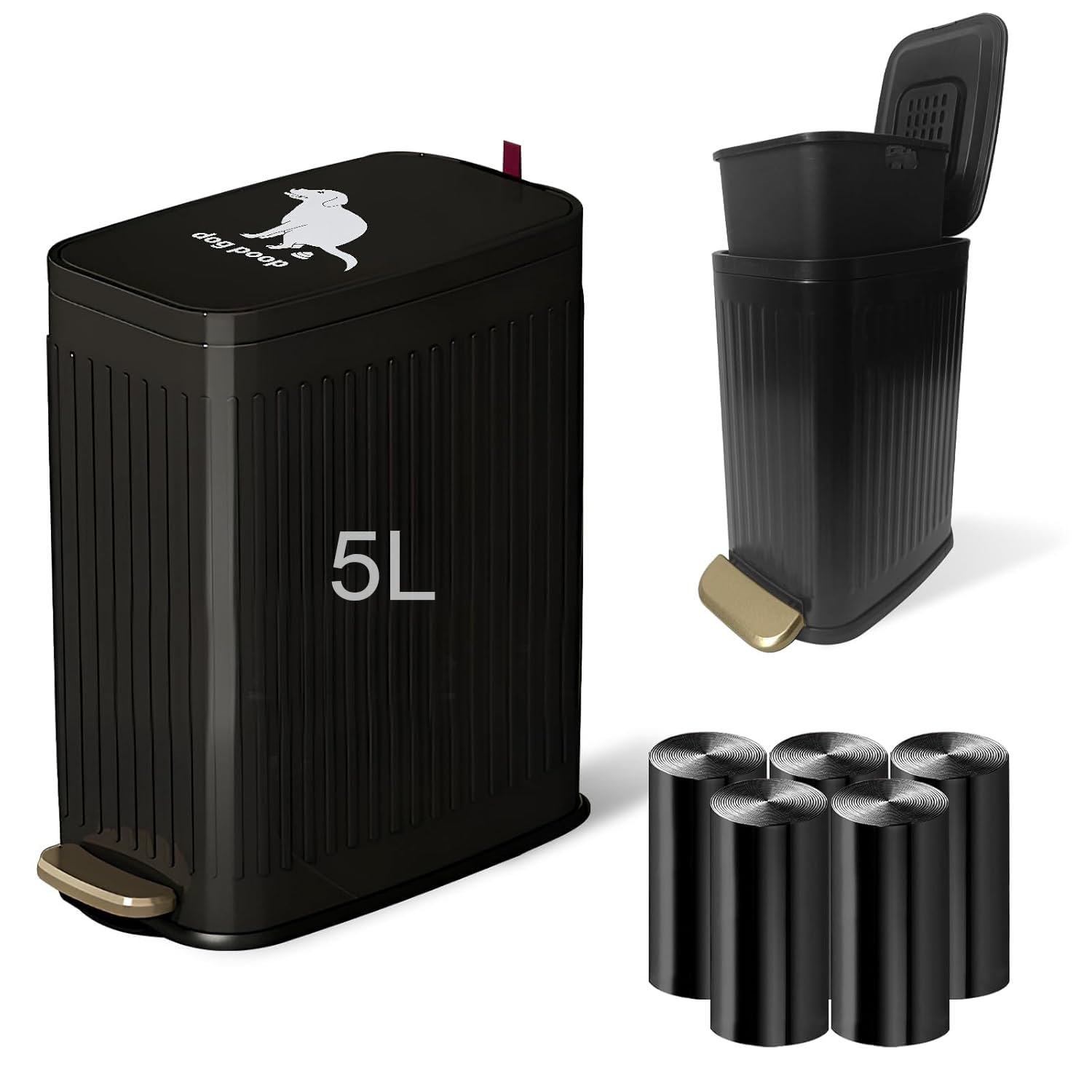5L Dog Waste Trash Can with Lid & Foot Pedal - Outdoor Pet Poop Station with Inner Bucket & 100 Waste Bags - Perfect for Backyard, Garden & Bathroom Use