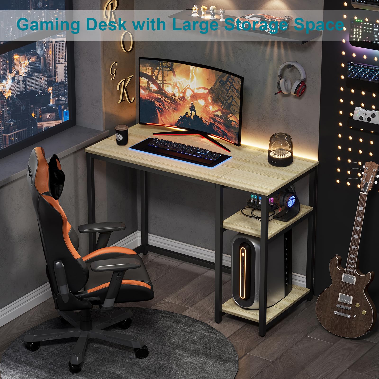 SINPAID 40-Inch Computer Desk with 2-Tier Shelves - Sturdy Home Office Desk, Large Storage Space, Modern Gaming & Study Writing Table for Laptop (Oak) - Perfect for Small Spaces, Work from Home & Online Classes