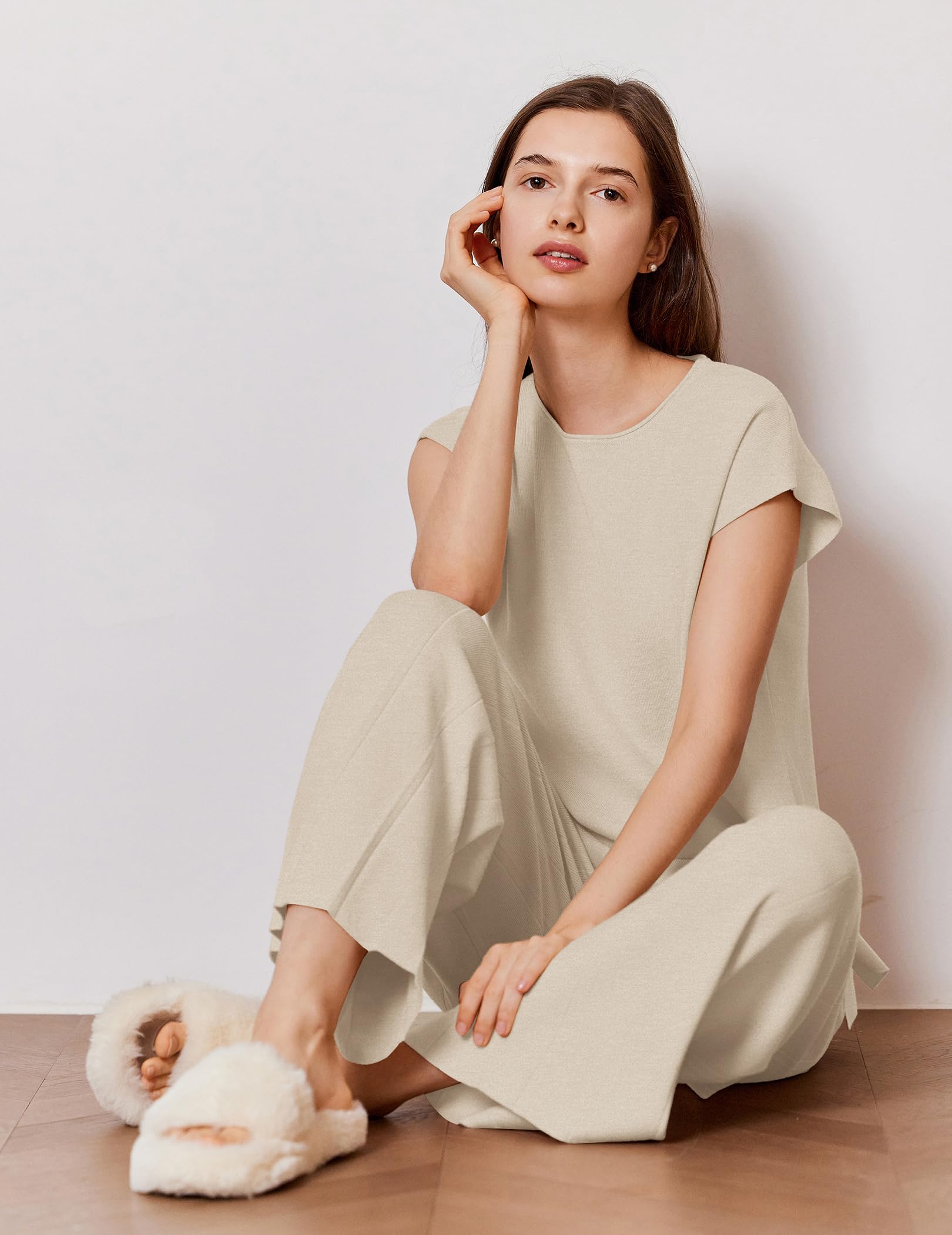 Ekouaer Women's Lounge Sets - Soft Knit Cap Sleeve Tops & Wide Leg Pleated Pants Outfits | Casual & Dressy Two-Piece Sweater Sets for Home, Office & Weekend Wear