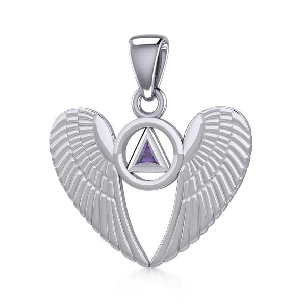 Angel Wings Sterling Silver Pendant with Inlaid Recovery Symbol - Elegant Jewelry for Healing & Inspiration - Perfect for Gifts, Recovery Milestones & Spiritual Wear