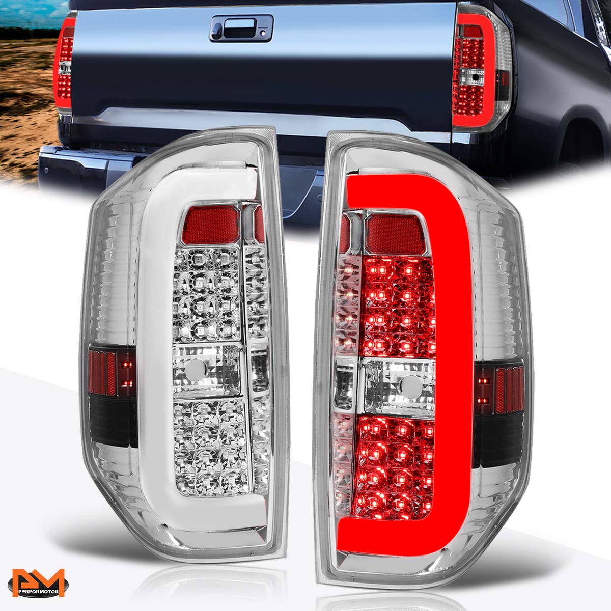 PM PERFORMOTOR 3D LED C-Tube Bar Tail Lights Brake Lamps Assembly - Compatible with 2014-2018 Toyota Tundra, Chrome Housing & Clear Lens - Upgrade for Enhanced Visibility & Style at Night Driving