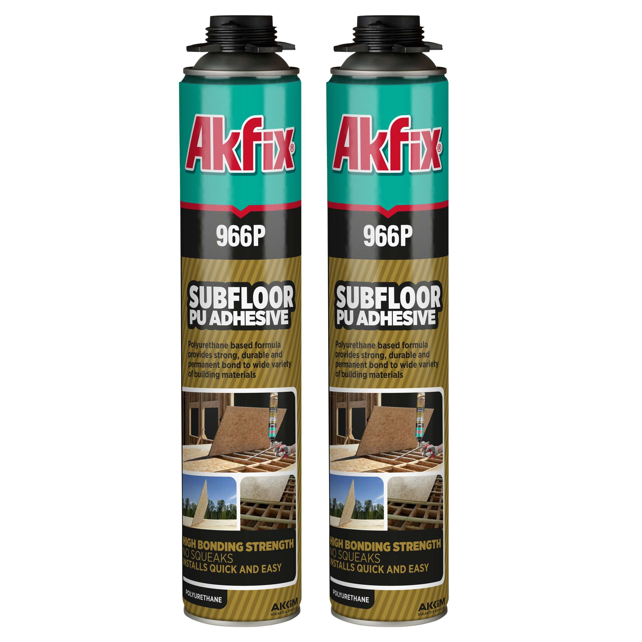 Akfix 966P Polyurethane Subfloor Adhesive (2x30 Oz) - Strong Expanding Foam Construction Glue for Wood, Metal & Concrete Floors | Professional Gun Application | Perfect for Flooring Installation, Deck Building & Home Repairs