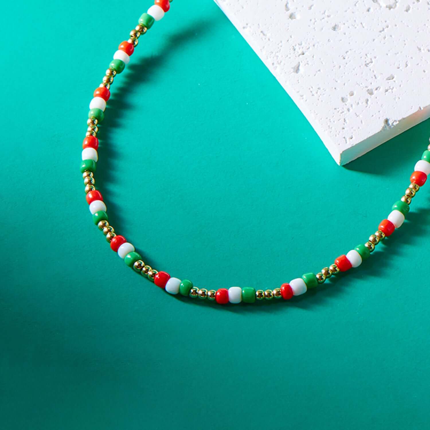 Vibrant Red Green Rainbow Seed Beads Christmas Jewelry Set - Choker Necklace & Bracelet | NC427 | Perfect for Holiday Parties, Gift Giving & Festive Outfits
