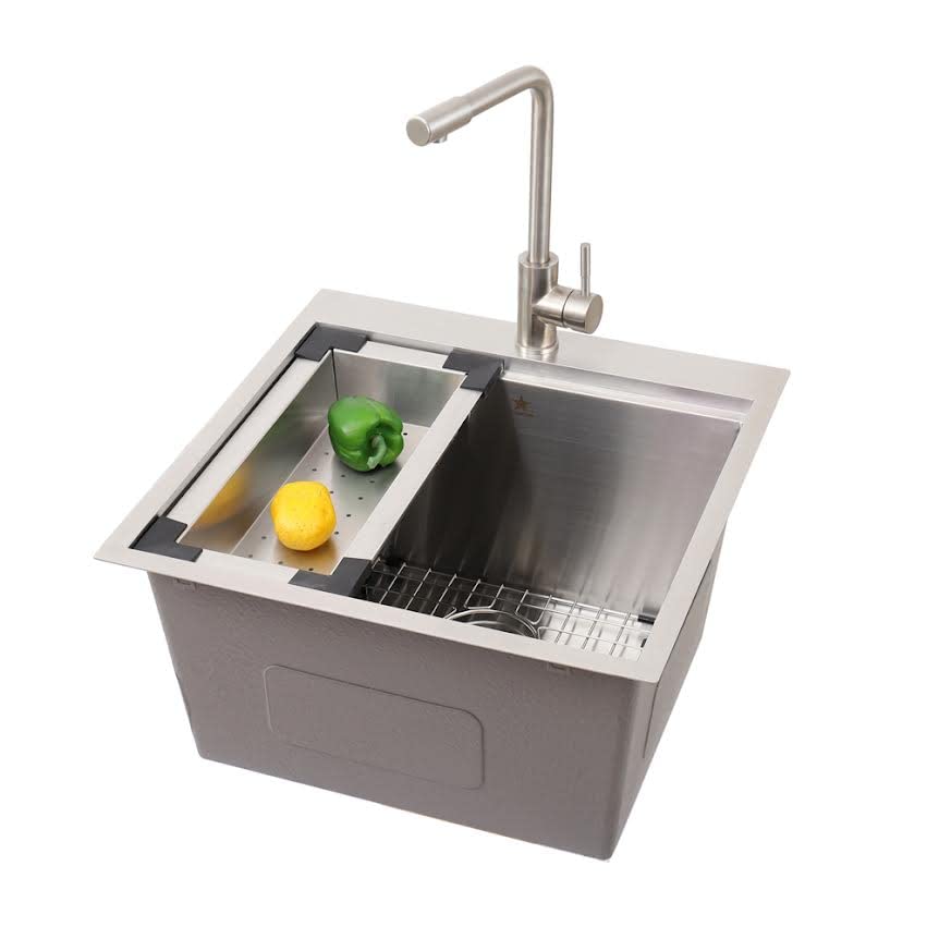 Premium 304 Stainless Steel Single Bowl Kitchen Sink - Drop-in/Topmount Workstation Sink for Home, Yard, Bar, Laundry & Office Use - Includes Grid, Colander, Cutting Board & Strainer (22