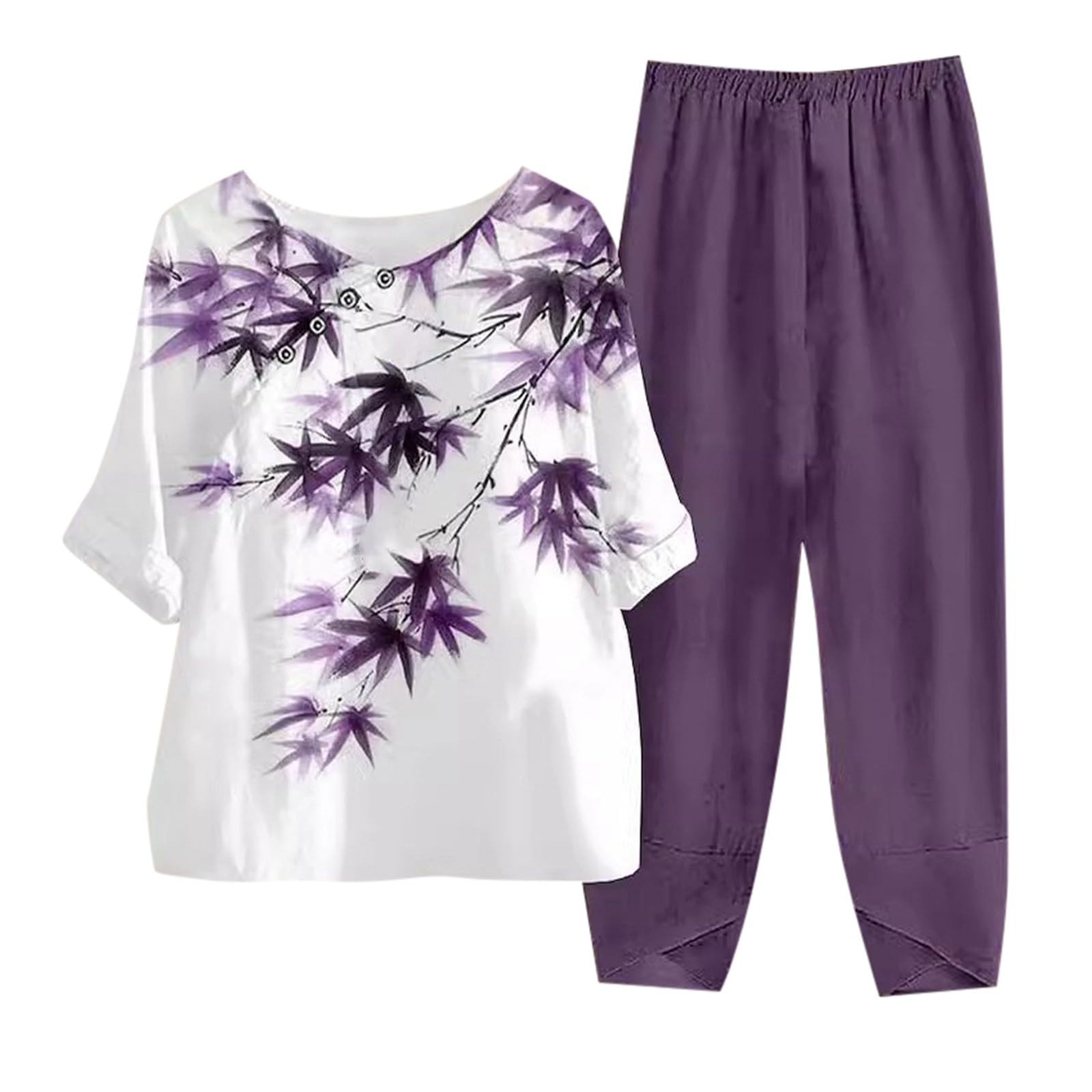 Prime Overnight Eligible Women's 2-Piece Summer Outfit Set - 3/4 Sleeve Shirt & Camouflage Capri Pants in Retro Color Block | Soft Comfy Tracksuit for Casual Wear, Gym, and Outdoor Activities | Free Samples for Prime Members
