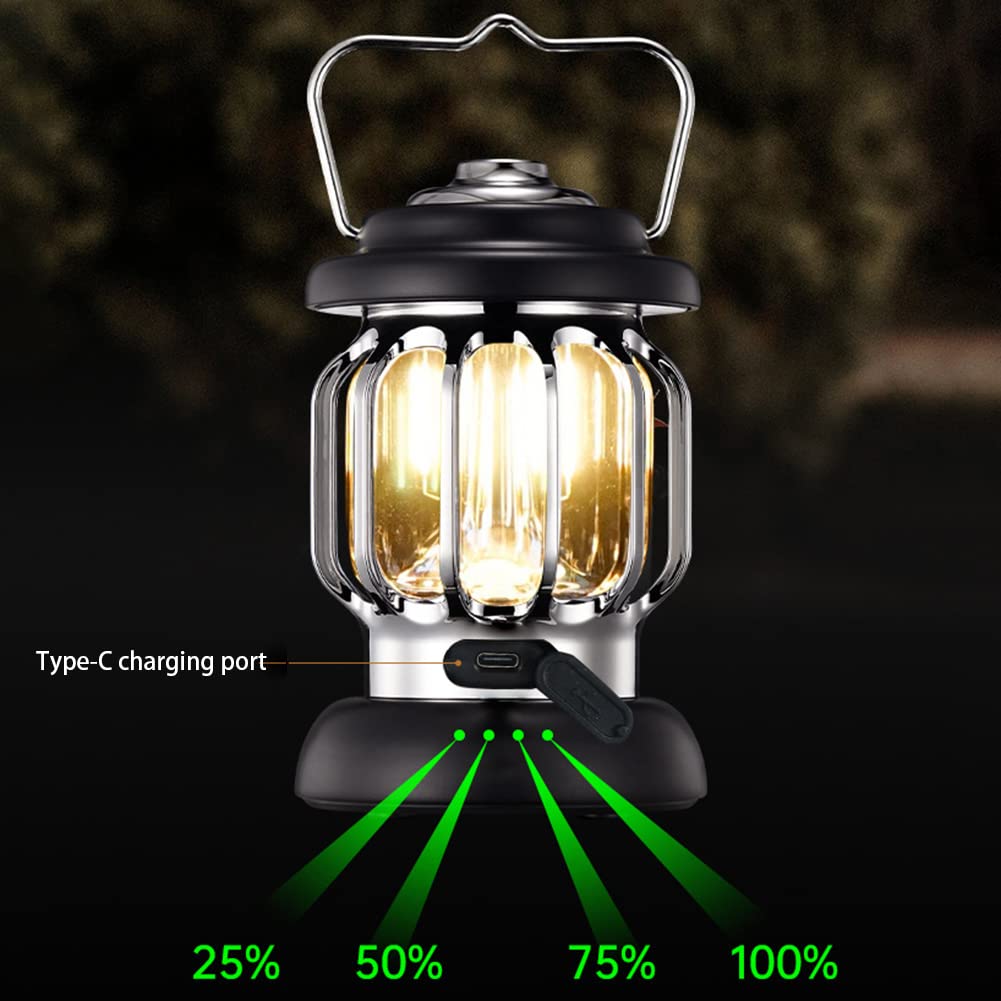 Rechargeable USB LED Camping Lantern - Retro Outdoor Hiking Tent Light with 4 Lighting Modes (Black/White) | Perfect for Camping, Hiking, Emergency Power Outages & Backyard Parties