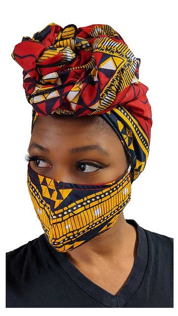 African Print Cotton Head Wrap & Matching Face Mask Set - Stylish Red Ankara Fabric for Women - Perfect for Church, Parties, and Cultural Events