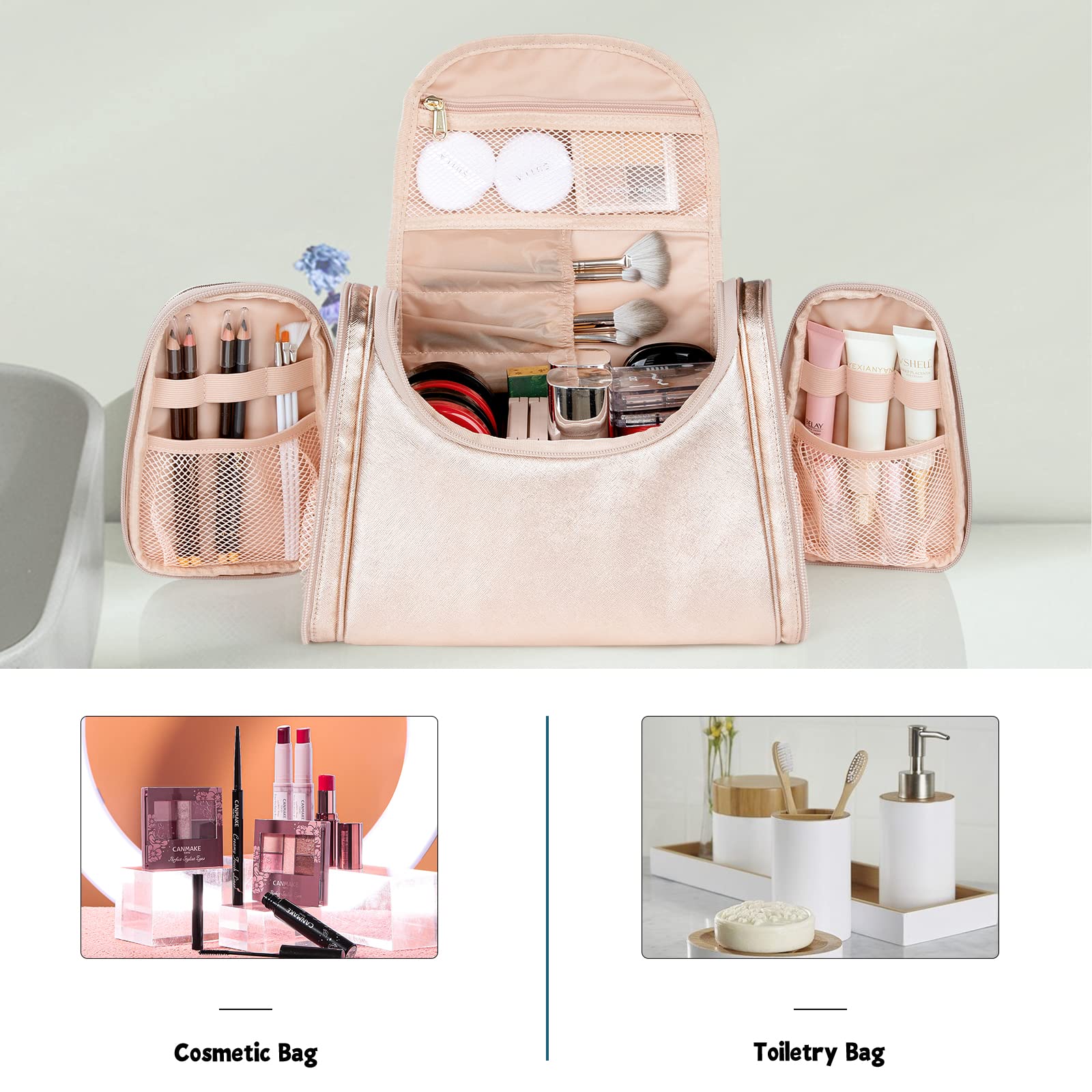 Ethereal Large Waterproof Makeup Bag for Women - Rose Gold Travel Cosmetic Bag with Adjustable Shoulder Strap, Spacious Toiletry Organizer | Perfect for Travel, Gym, Weekend Getaways & Daily Beauty Essentials Storage
