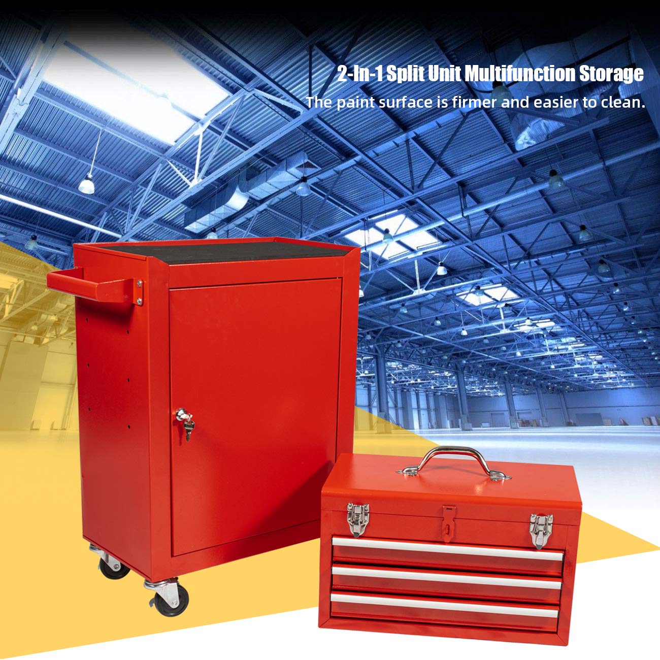 X&T 2-Piece Rolling Tool Chest Set - Heavy Duty Metal Tool Box with 4 Wheels & 3 Lockable Drawers, Portable Garage Workshop Storage Cabinet for Mechanics & DIY (Red) - Perfect for Home Garage, Auto Repair Shops & Construction Sites