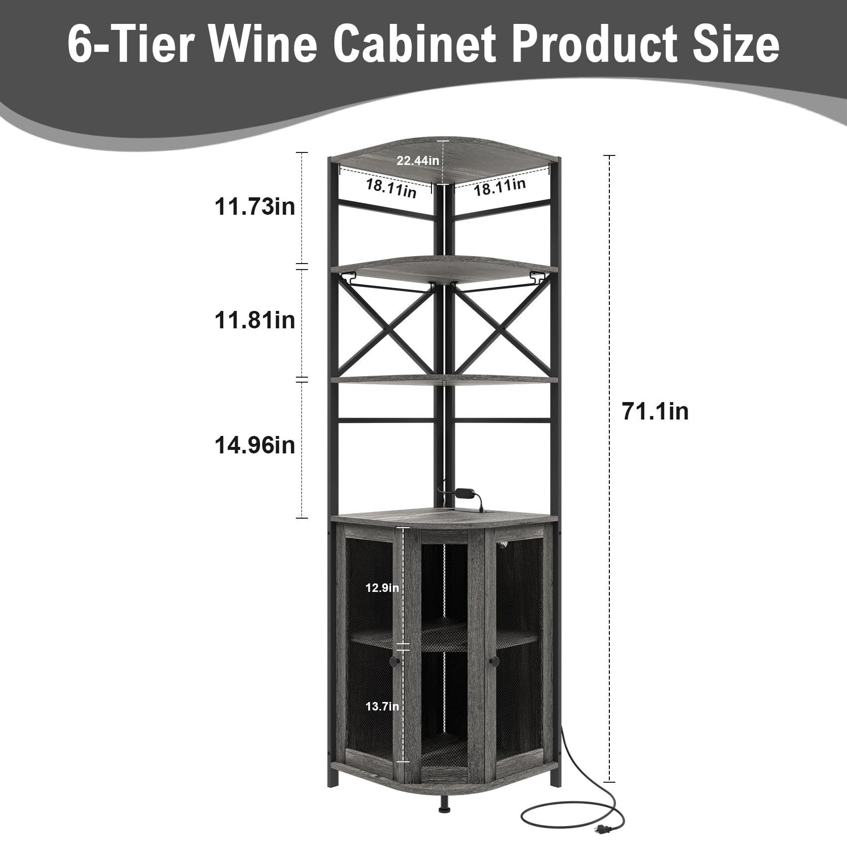 6-Tier Industrial Wine Bar Cabinet with LED Light, Power Outlet & Adjustable Shelves - Corner Liquor Storage with Glass Holder & Mesh Door - Perfect for Home Bars, Dining Rooms & Entertaining Guests