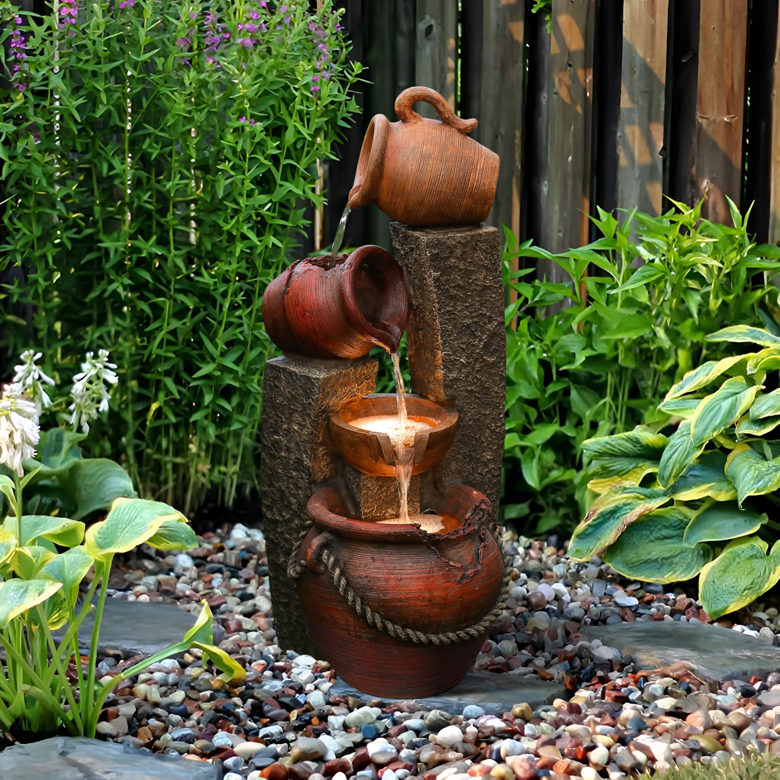 LuxenHome 32 Inch Farmhouse Outdoor Water Fountain with LED Lights - Cascading Pitcher Design for Garden, Patio, and Backyard Decor | Indoor & Outdoor Water Feature for Relaxation and Aesthetic Appeal