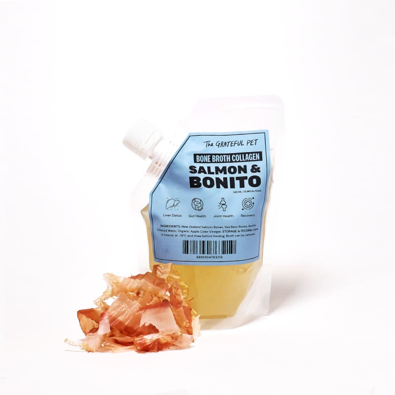 Premium Grateful Pet Salmon & Bonito Frozen Bone Broth for Dogs & Cats - 240ml Nutrient-Rich Liquid Supplement for Joint Health & Hydration - Perfect for Picky Eaters & Post-Surgery Recovery