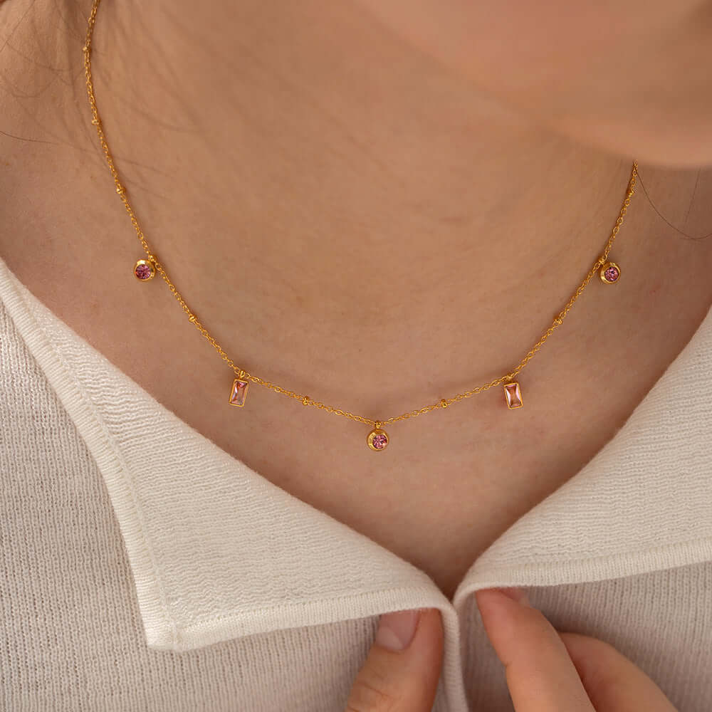 18K Gold Plated Baguette Charm Necklace & Pink Bracelet Set - Elegant Jewelry Gift for Women | Perfect for Valentine's Day, Anniversary & Special Occasions | JDN434
